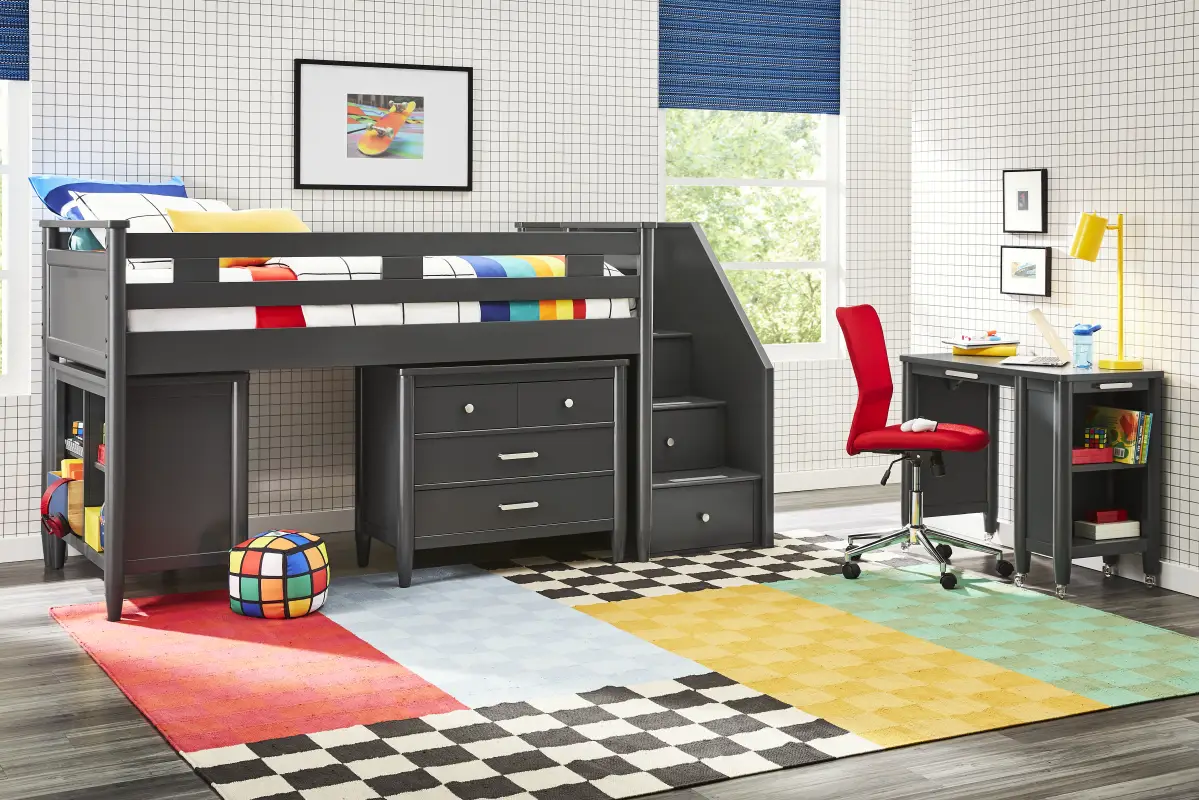 Kids Modern Colors Iron Ore Twin Step Loft with Loft Chest and Bookcase
