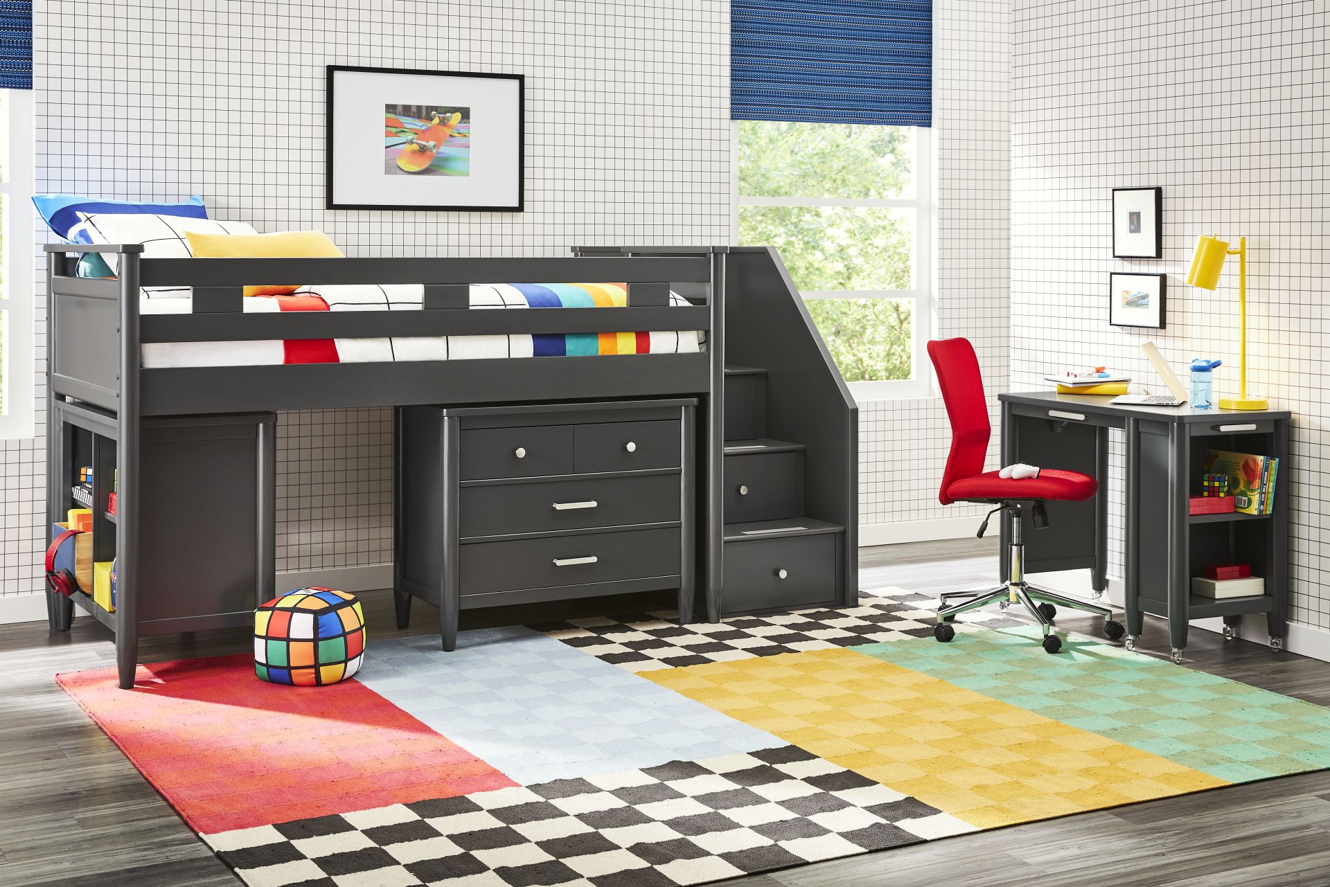 Kids Modern Colors Iron Ore Full Step Loft with Loft Chest and Bookcase - Image 2