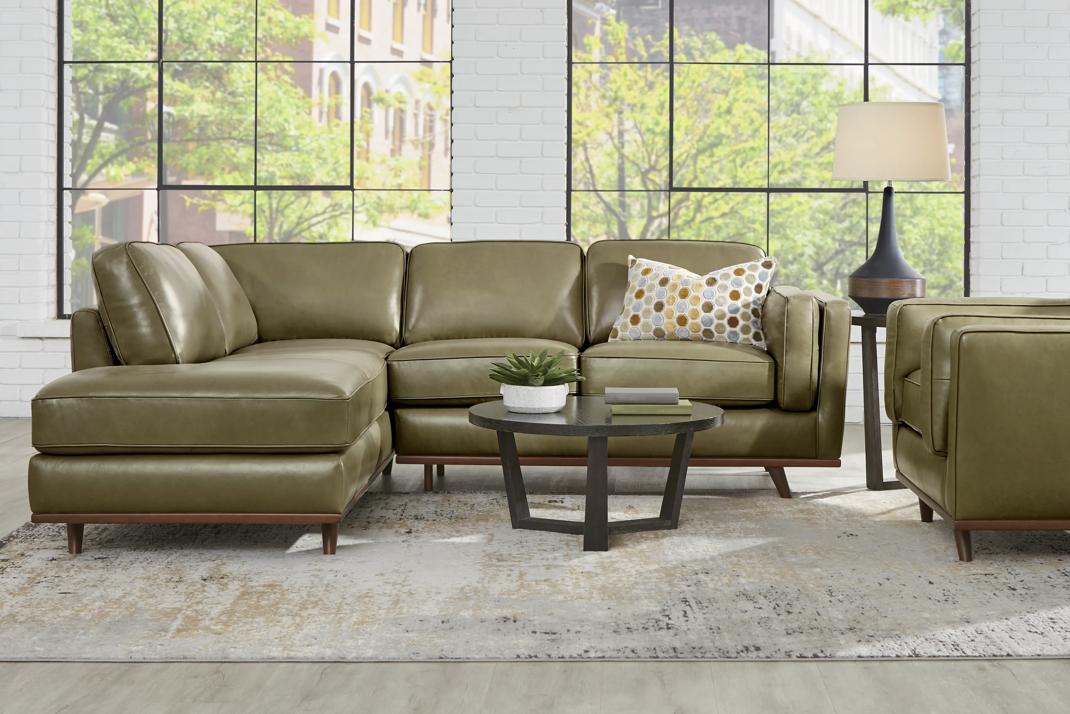 Duluth 3 Pc Olive Green Leather Living Room Set With 2 Pc Left Arm