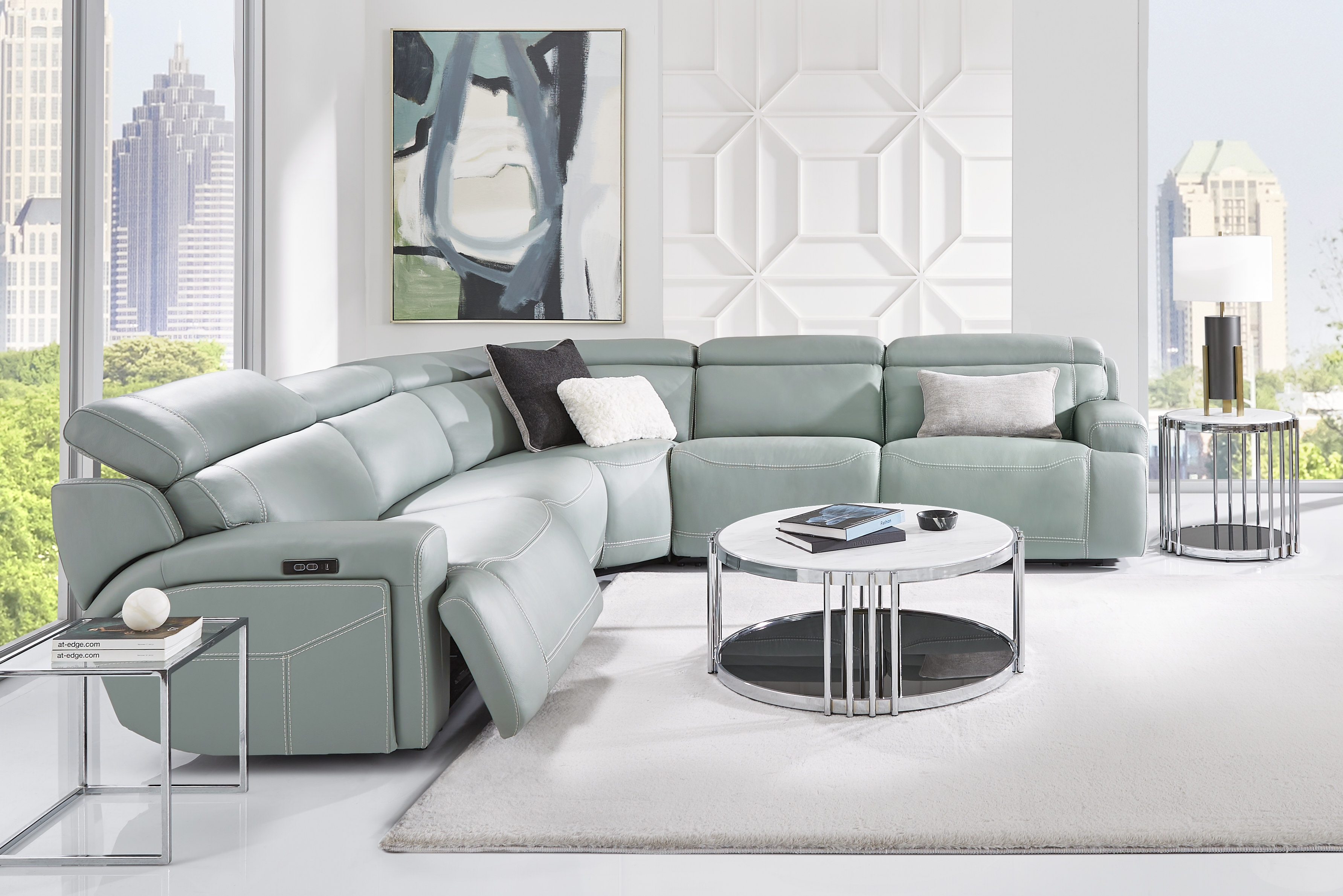 Alessio Mint Leather 5 Pc Dual Power Reclining Sectional - Thumbnail - Image 2
