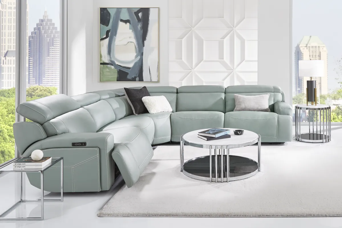 Alessio Mint Leather 5 Pc Dual Power Reclining Sectional