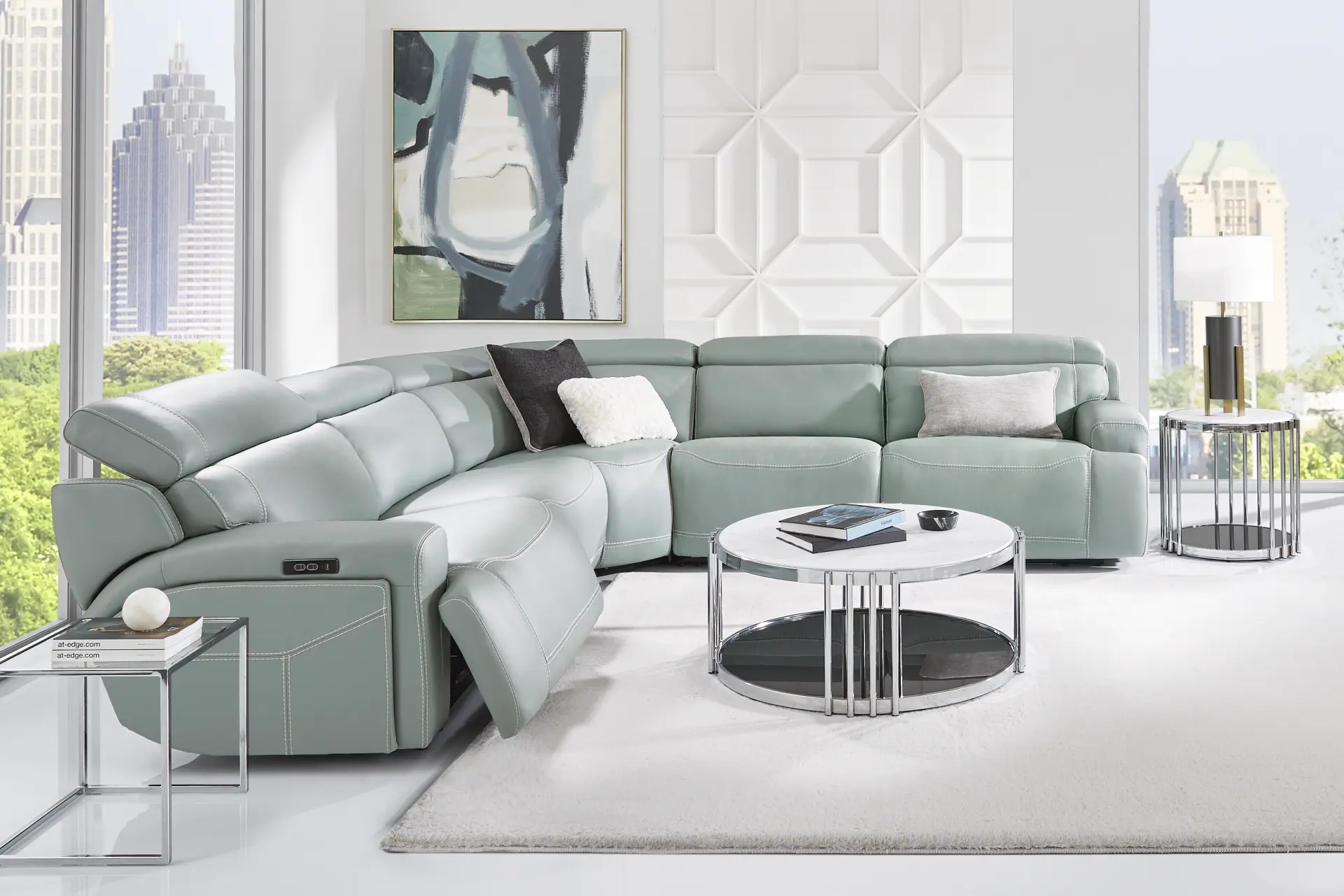 Alessio Mint Leather 5 Pc Dual Power Reclining Sectional