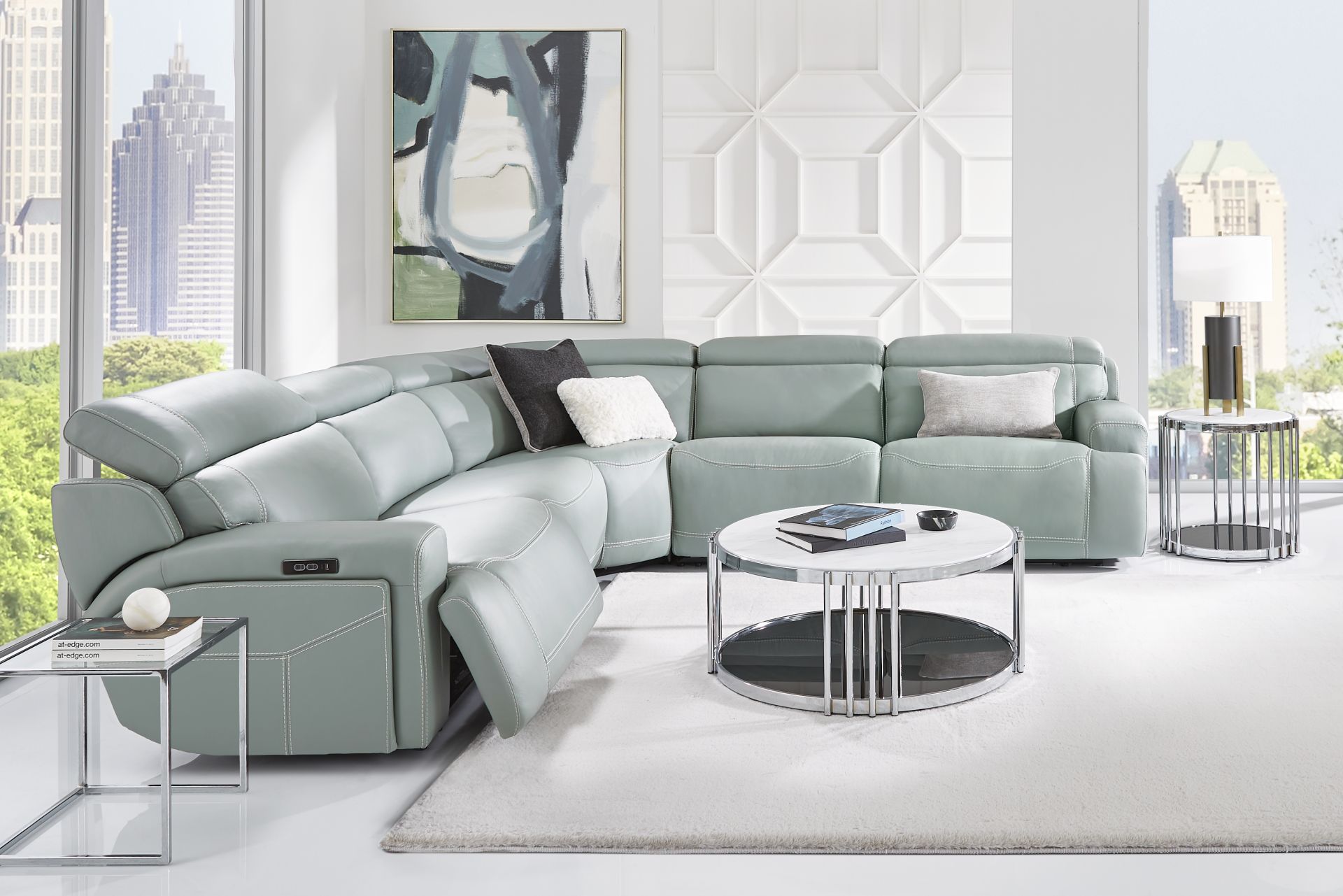 Alessio Mint Leather 5 Pc Dual Power Reclining Sectional - Image 2