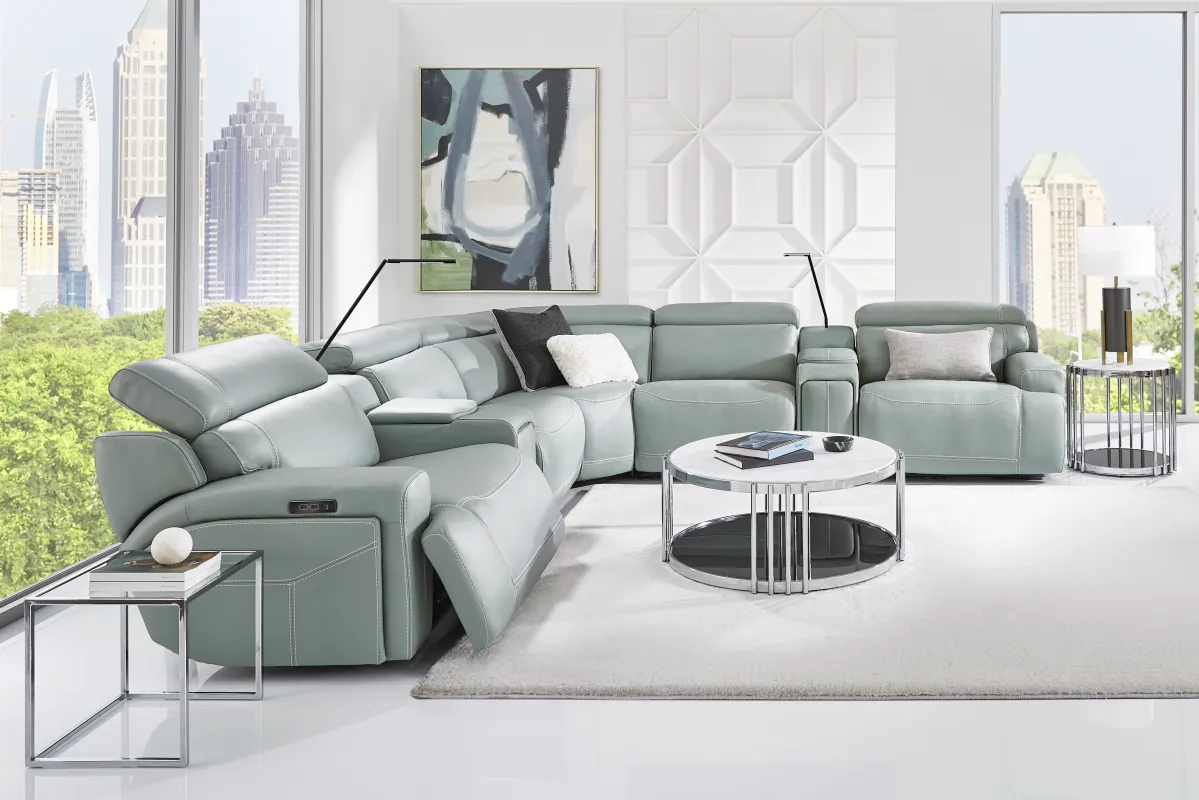 Alessio Mint Leather 7 Pc Dual Power Reclining Sectional