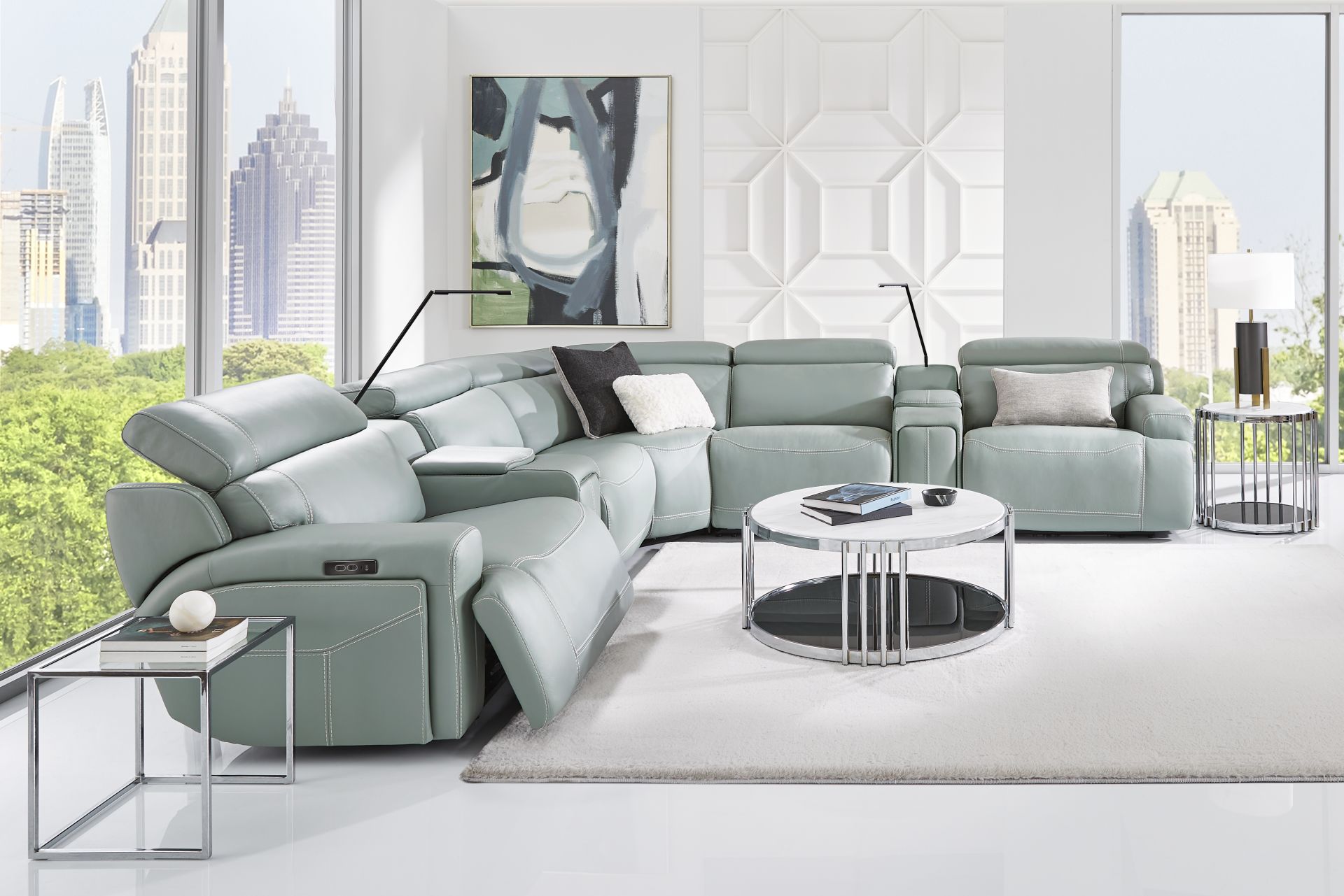 Alessio Mint Leather 7 Pc Dual Power Reclining Sectional - Image 2