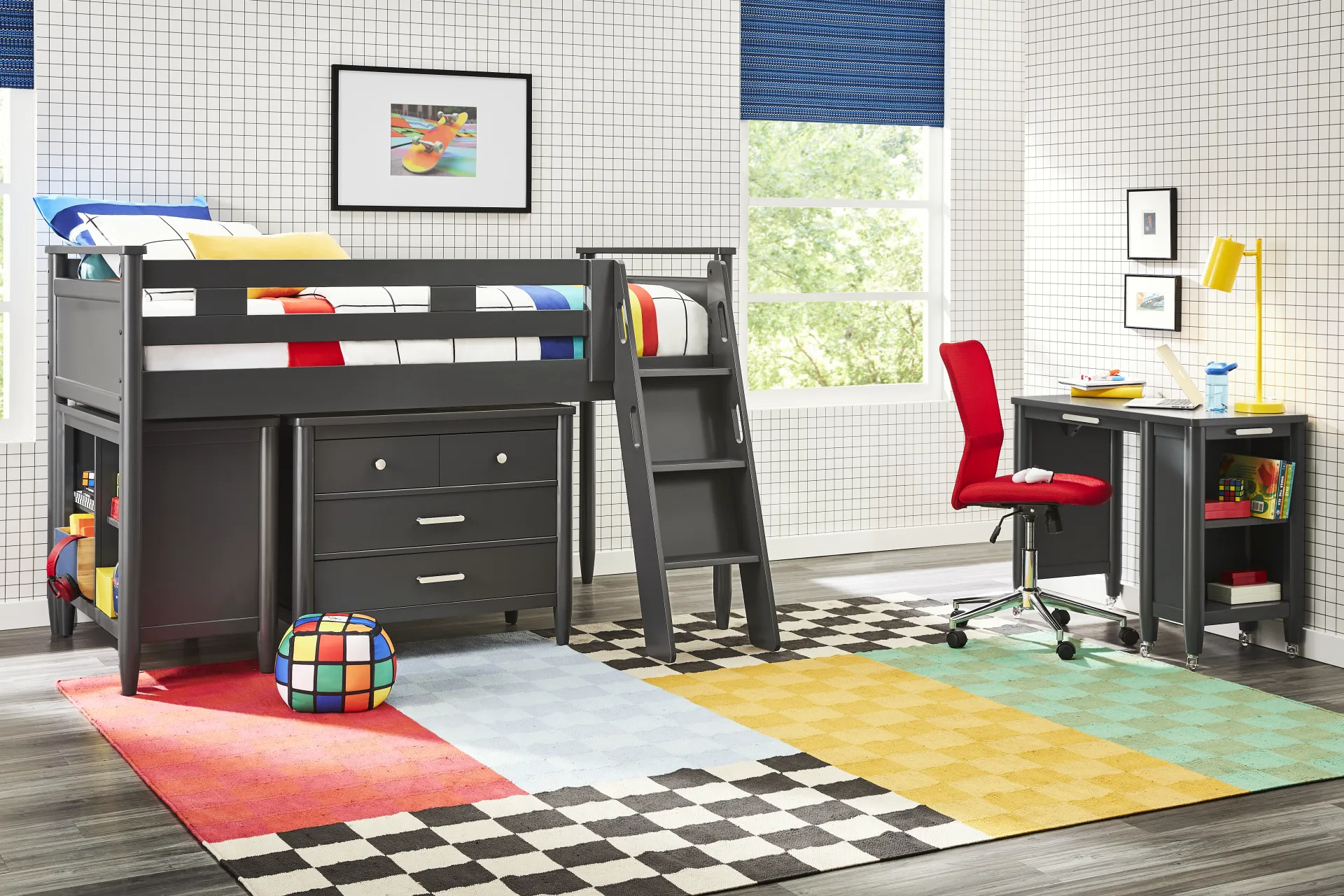 Kids Modern Colors Iron Ore Twin Loft with Loft Chest, Bookcase and Desk - Image 1