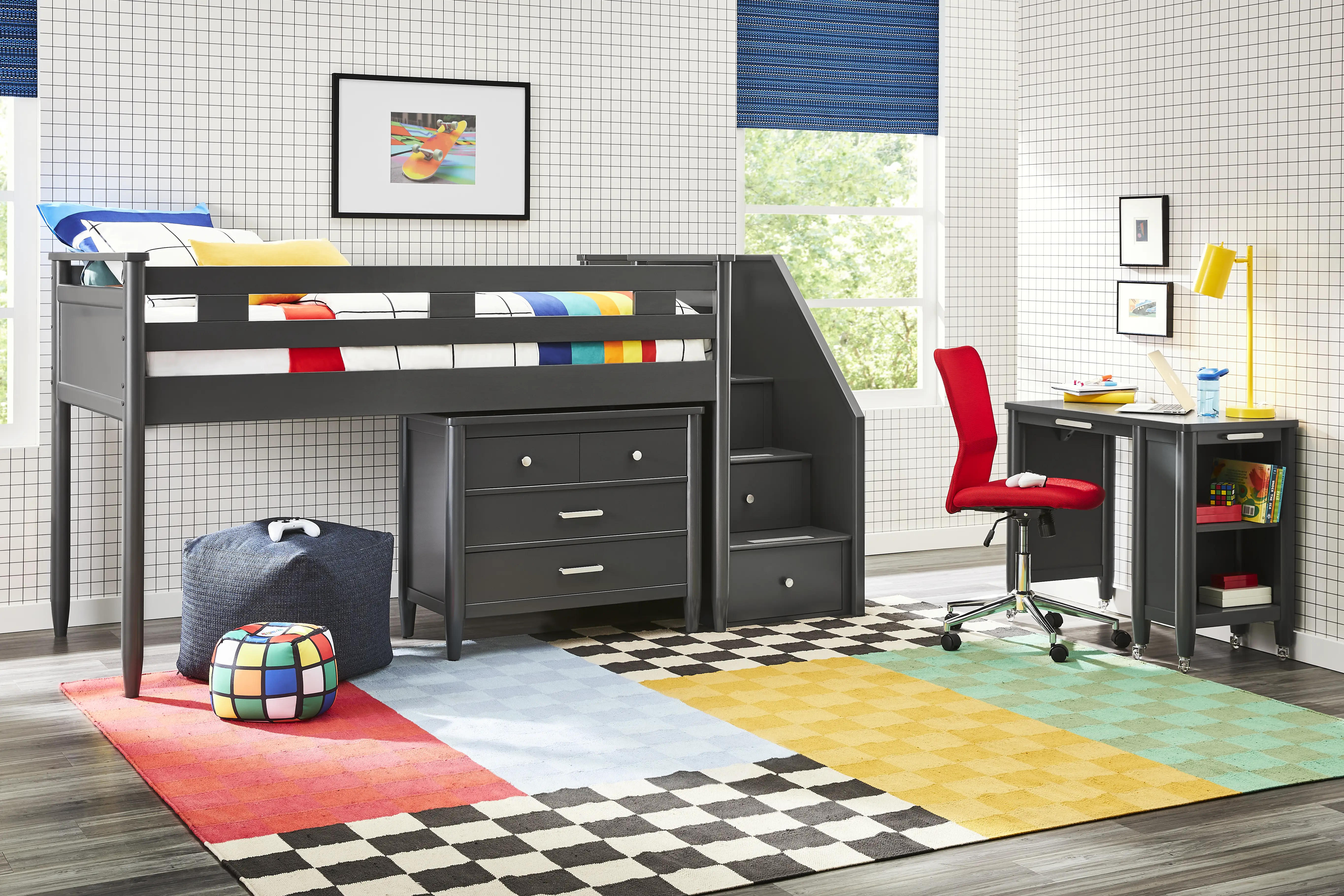 Kids Modern Colors Iron Ore Twin Step Loft with Loft Chest and Desk - Thumbnail - Image 2