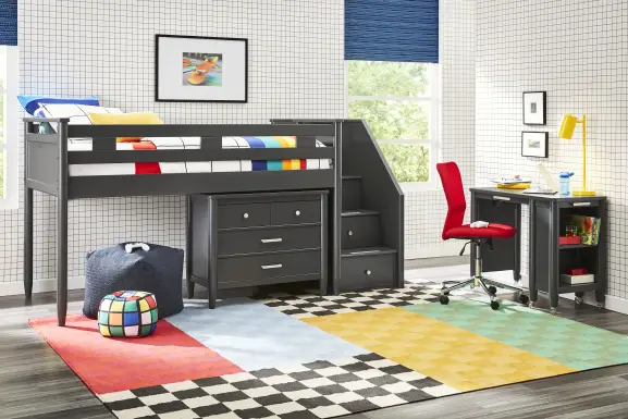 Kids Modern Colors Iron Ore Twin Step Loft with Loft Chest and Desk
