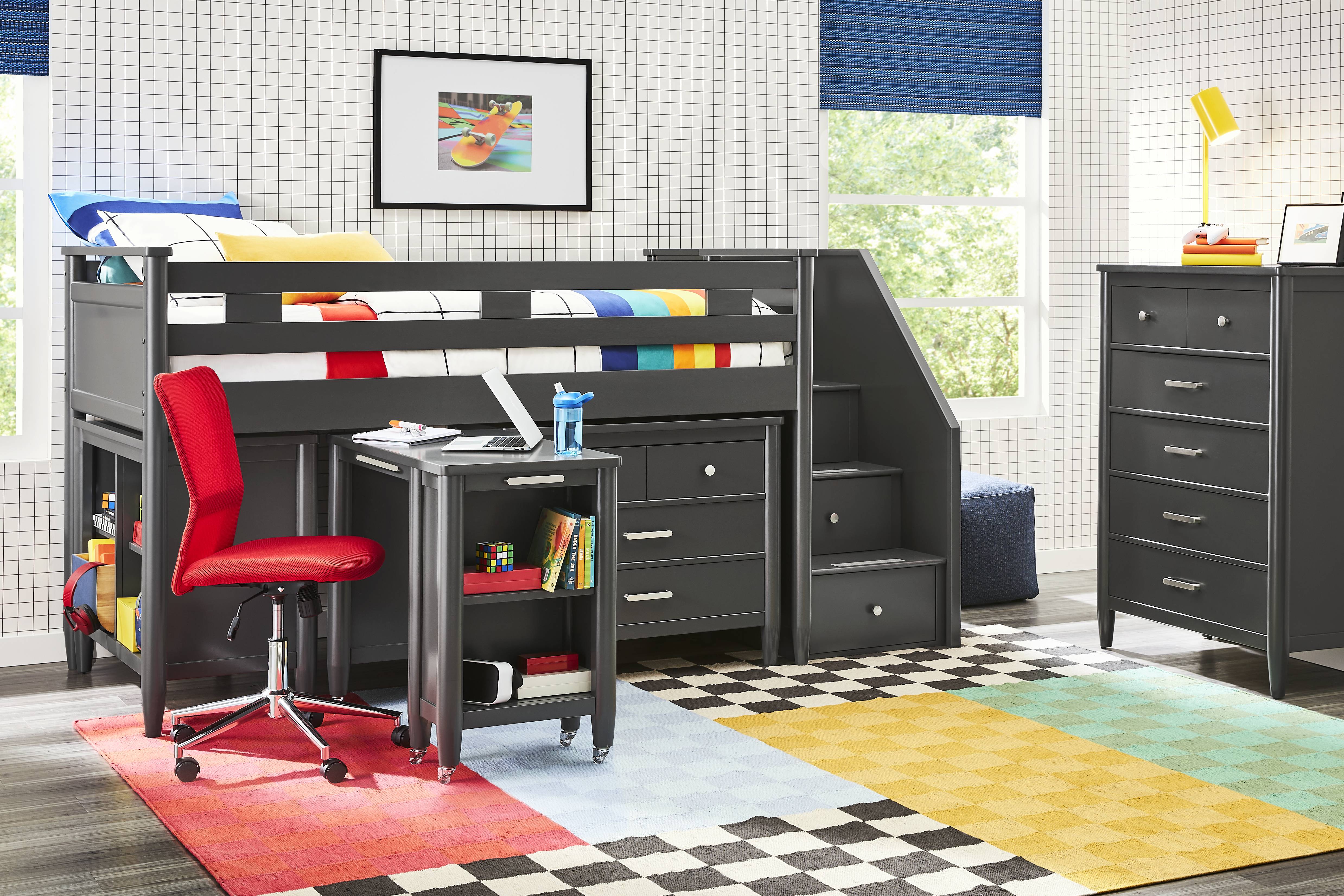 Kids Modern Colors Iron Ore Twin Step Loft with Loft Chest, Bookcase and Desk - Thumbnail - Image 2