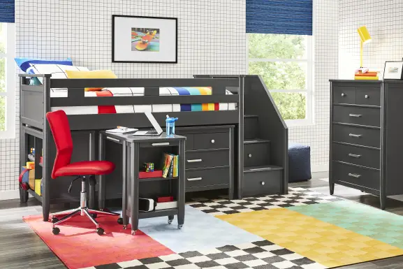 Kids Modern Colors Iron Ore Twin Step Loft with Loft Chest, Bookcase and Desk