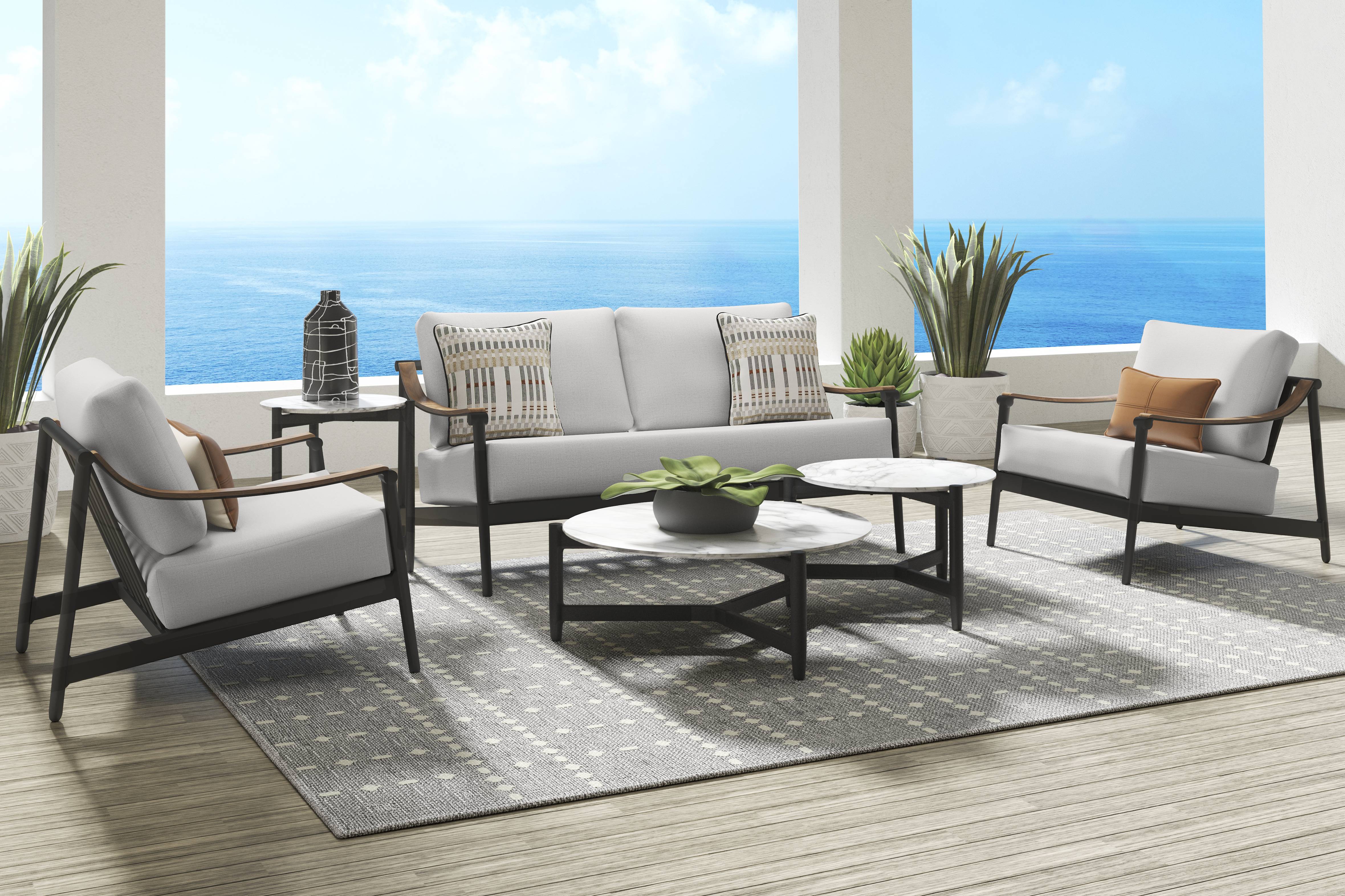 Harlowe Black 5 Pc Outdoor Loveseat Seating Set with Dove Cushions - Thumbnail - Image 1