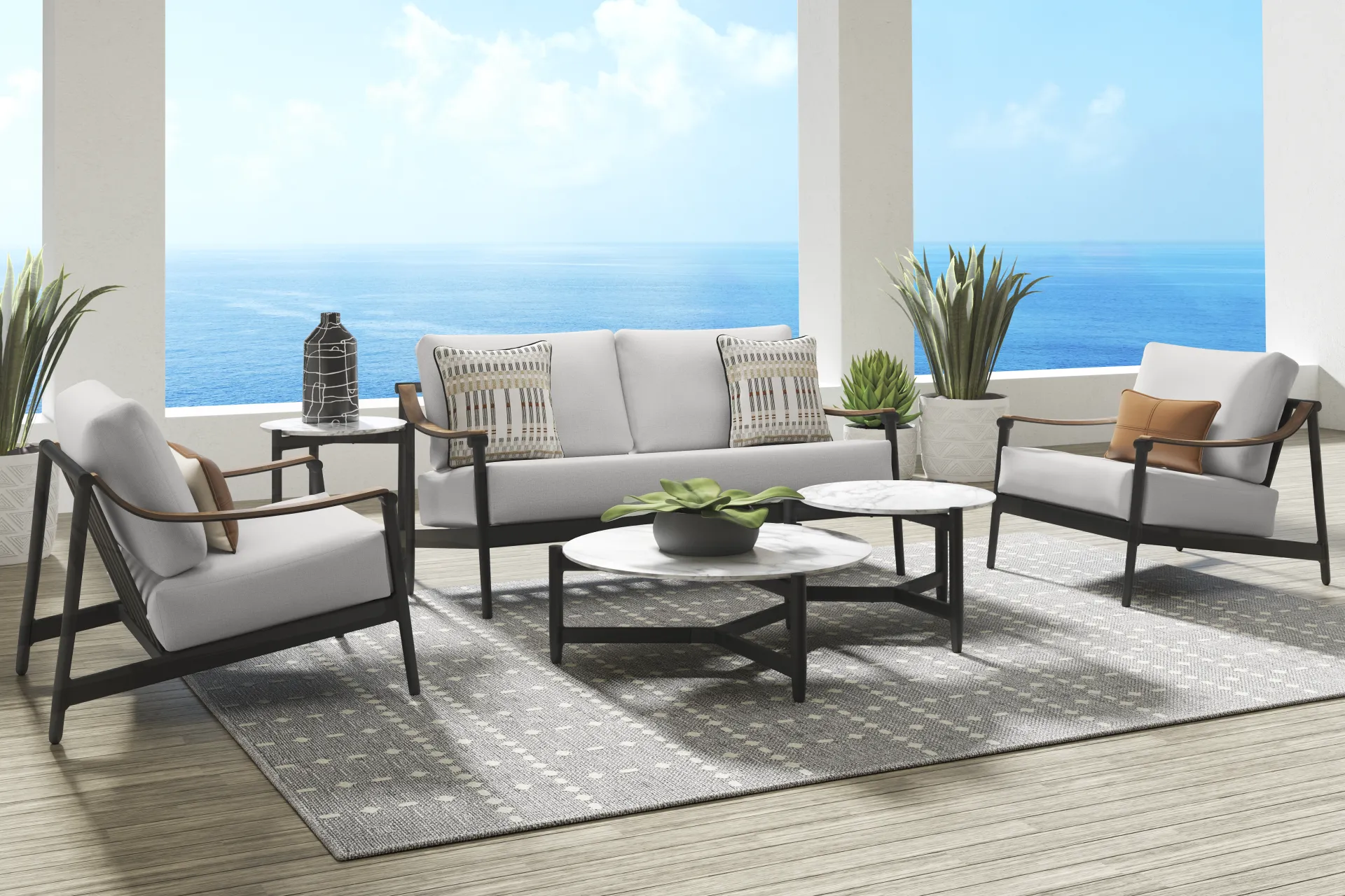 Harlowe Black Outdoor Loveseat with Dove Cushions - Image 1