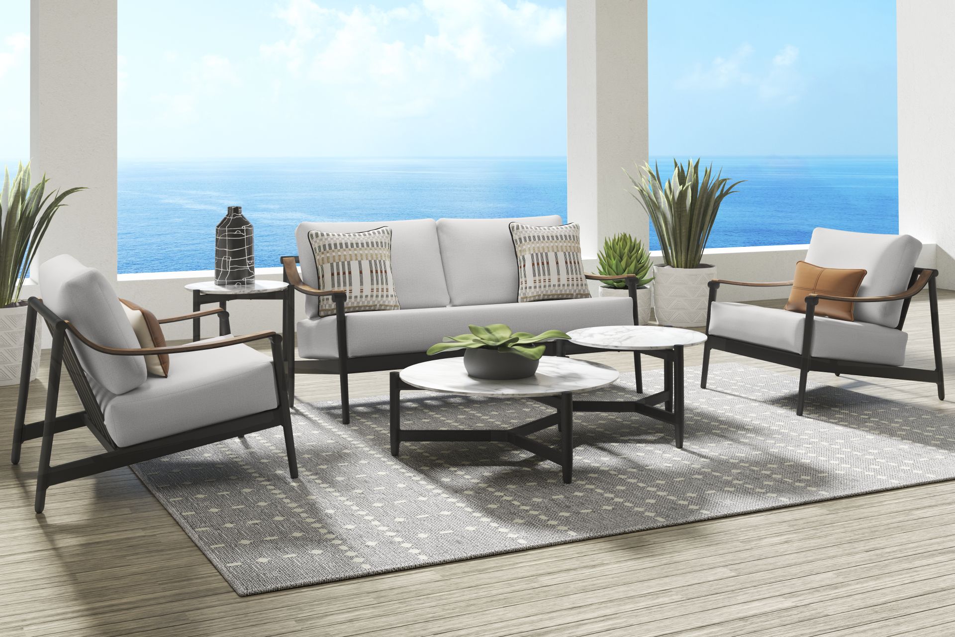 Harlowe Black 5 Pc Outdoor Loveseat Seating Set with Dove Cushions - Image 1