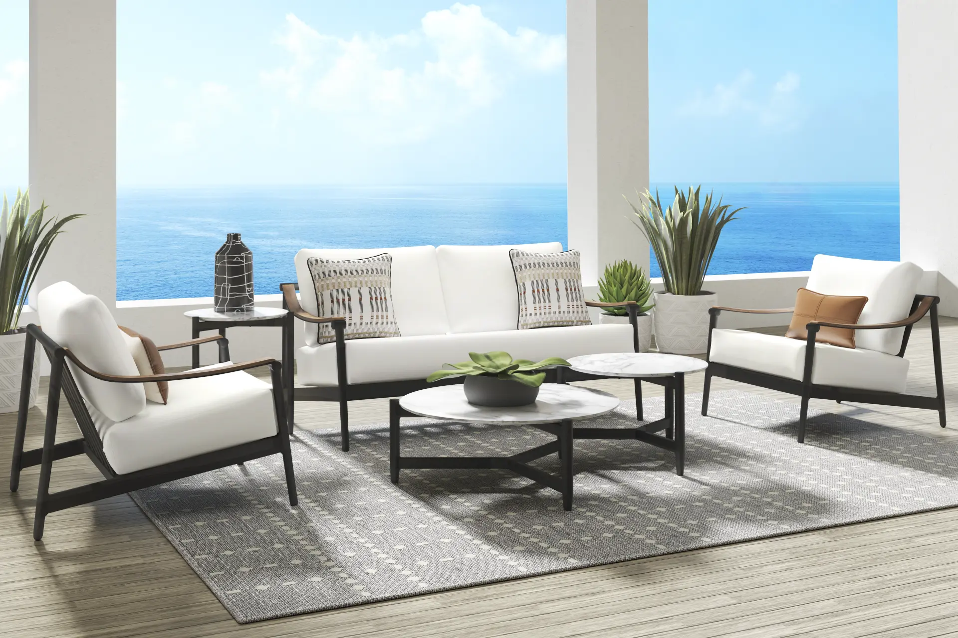 Harlowe Black 5 Pc Outdoor Loveseat Seating Set with White Cushions