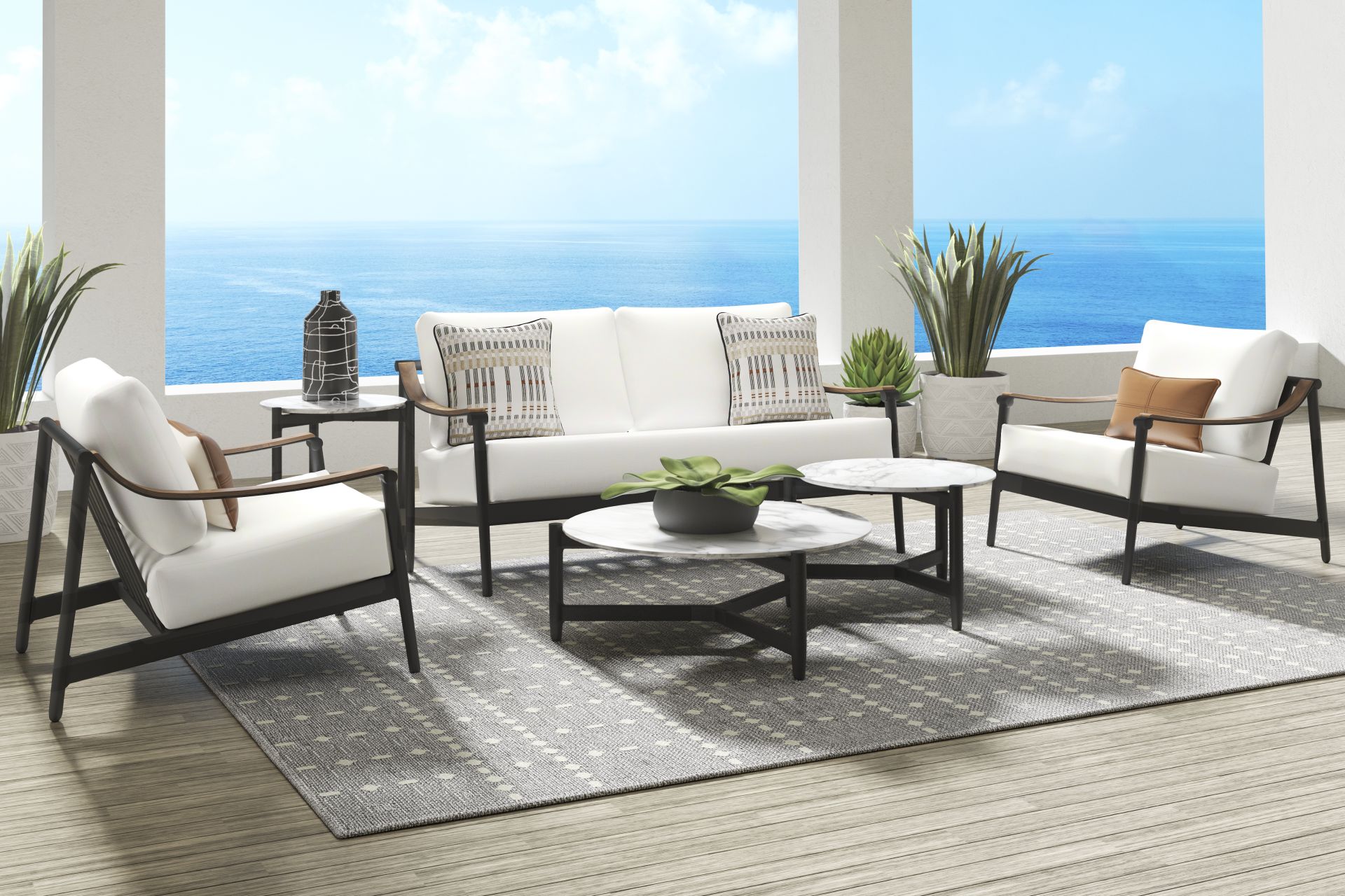 Harlowe Black 5 Pc Outdoor Loveseat Seating Set with White Cushions - Image 1
