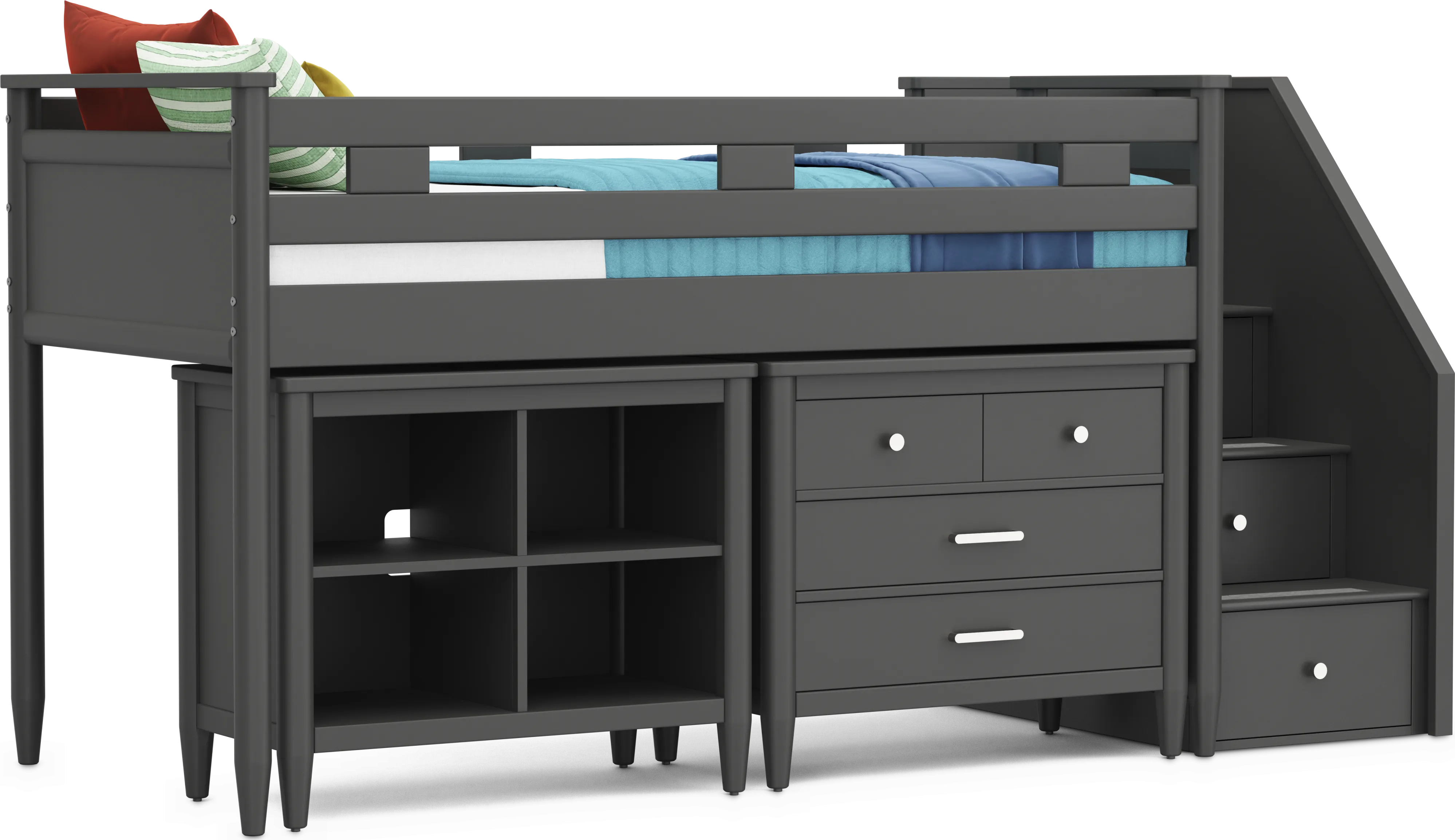 Kids Modern Colors Iron Ore Twin Step Loft with Loft Chest and Bookcase - Thumbnail - Image 1