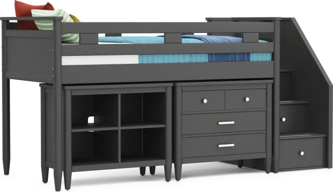 Kids Modern Colors Iron Ore Twin Step Loft with Loft Chest and Bookcase