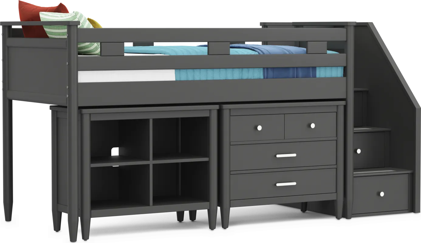 Kids Modern Colors Iron Ore Twin Step Loft with Loft Chest and Bookcase
