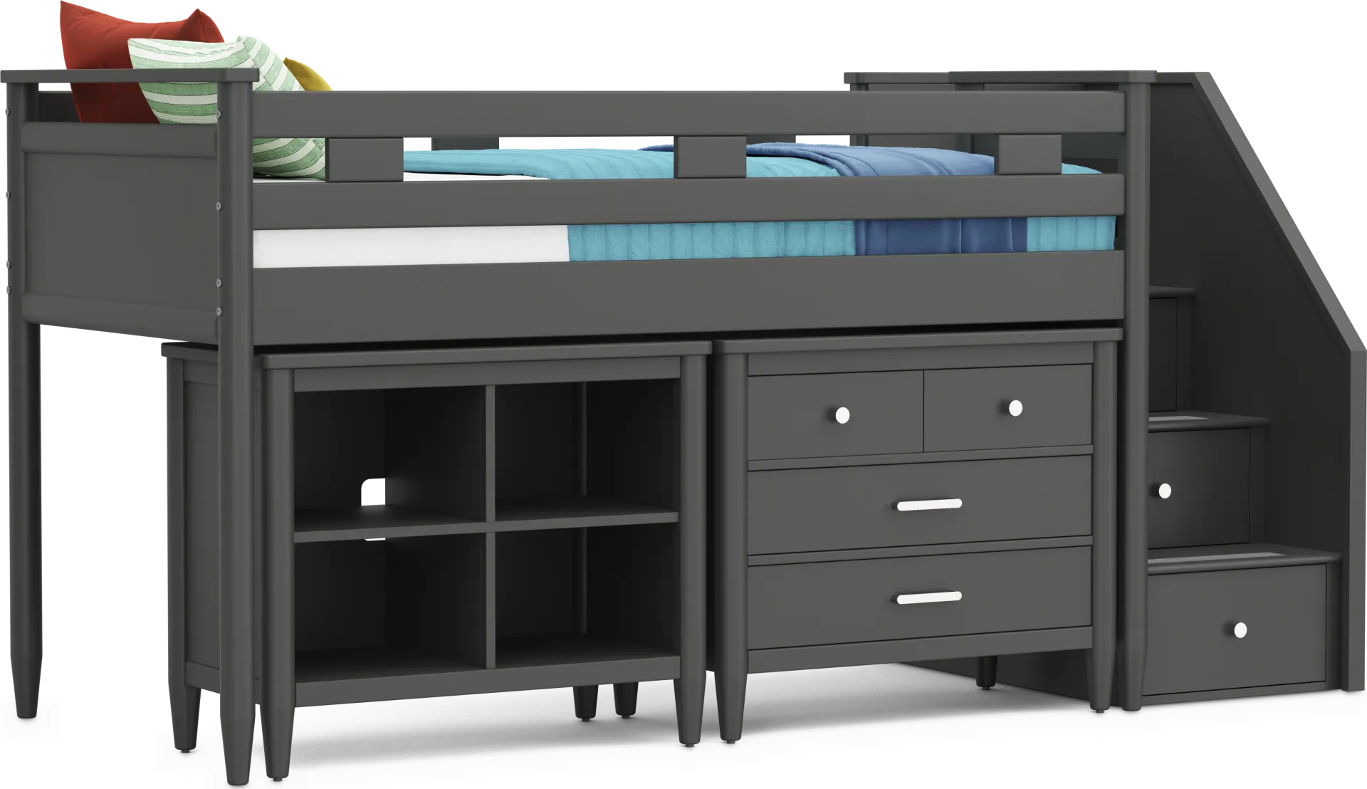 Kids Modern Colors Iron Ore Twin Step Loft with Loft Chest and Bookcase - Image 1