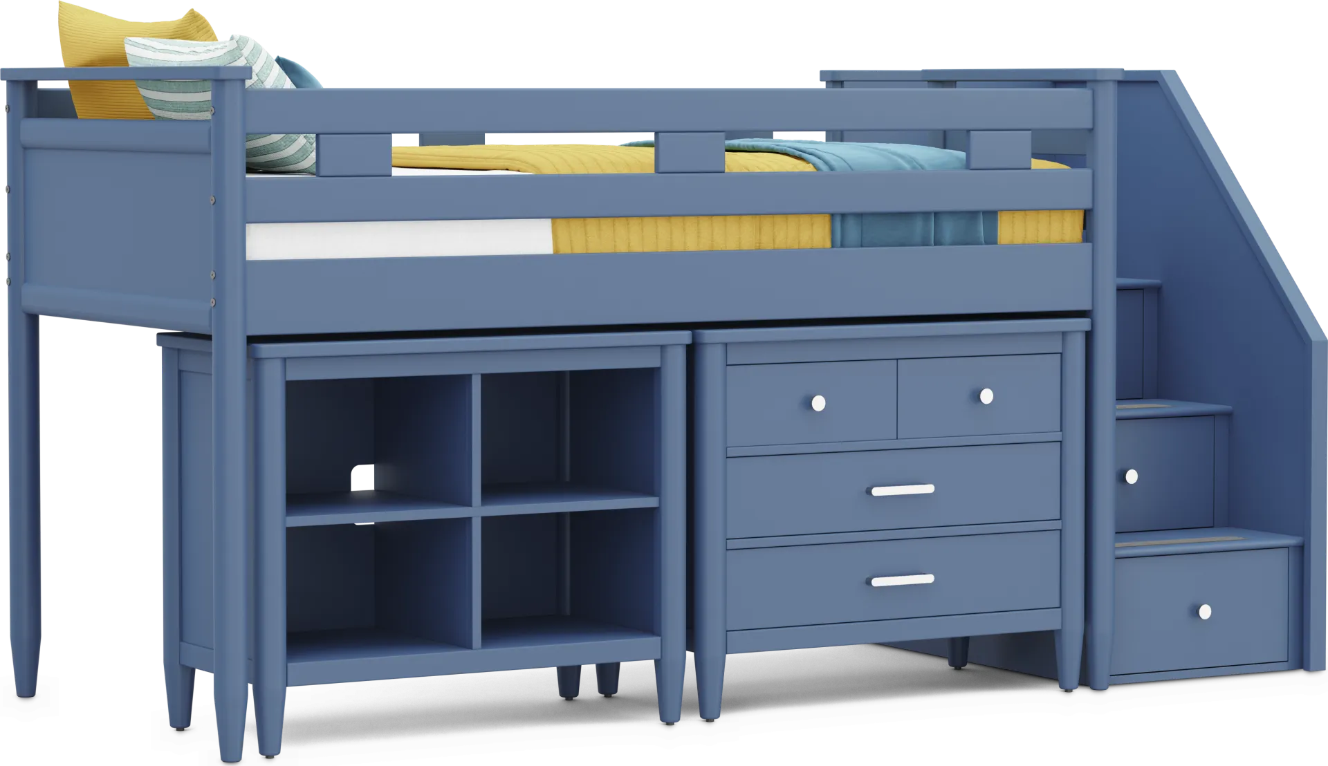 Kids Modern Colors Slate Blue Twin Step Loft with Loft Chest and Bookcase - Image 1