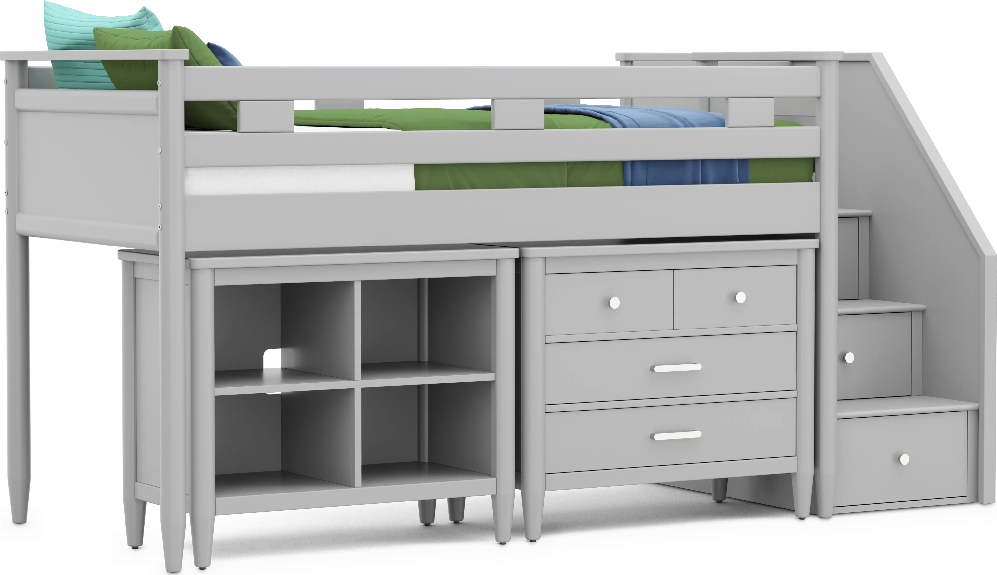 Kids Modern Colors Light Gray Twin Step Loft with Loft Chest and Bookcase - Thumbnail - Image 1