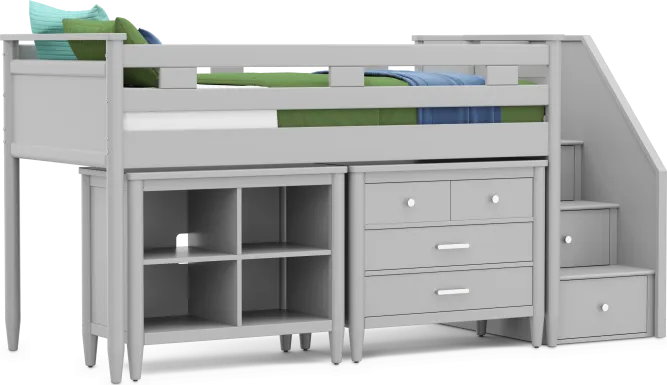 Kids Modern Colors Light Gray Twin Step Loft with Loft Chest and Bookcase