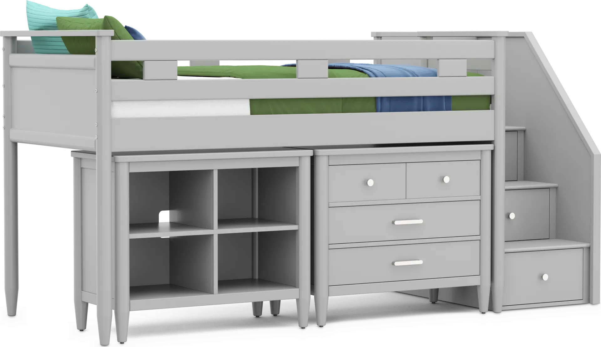 Kids Modern Colors Light Gray Twin Step Loft with Loft Chest and Bookcase - Image 1