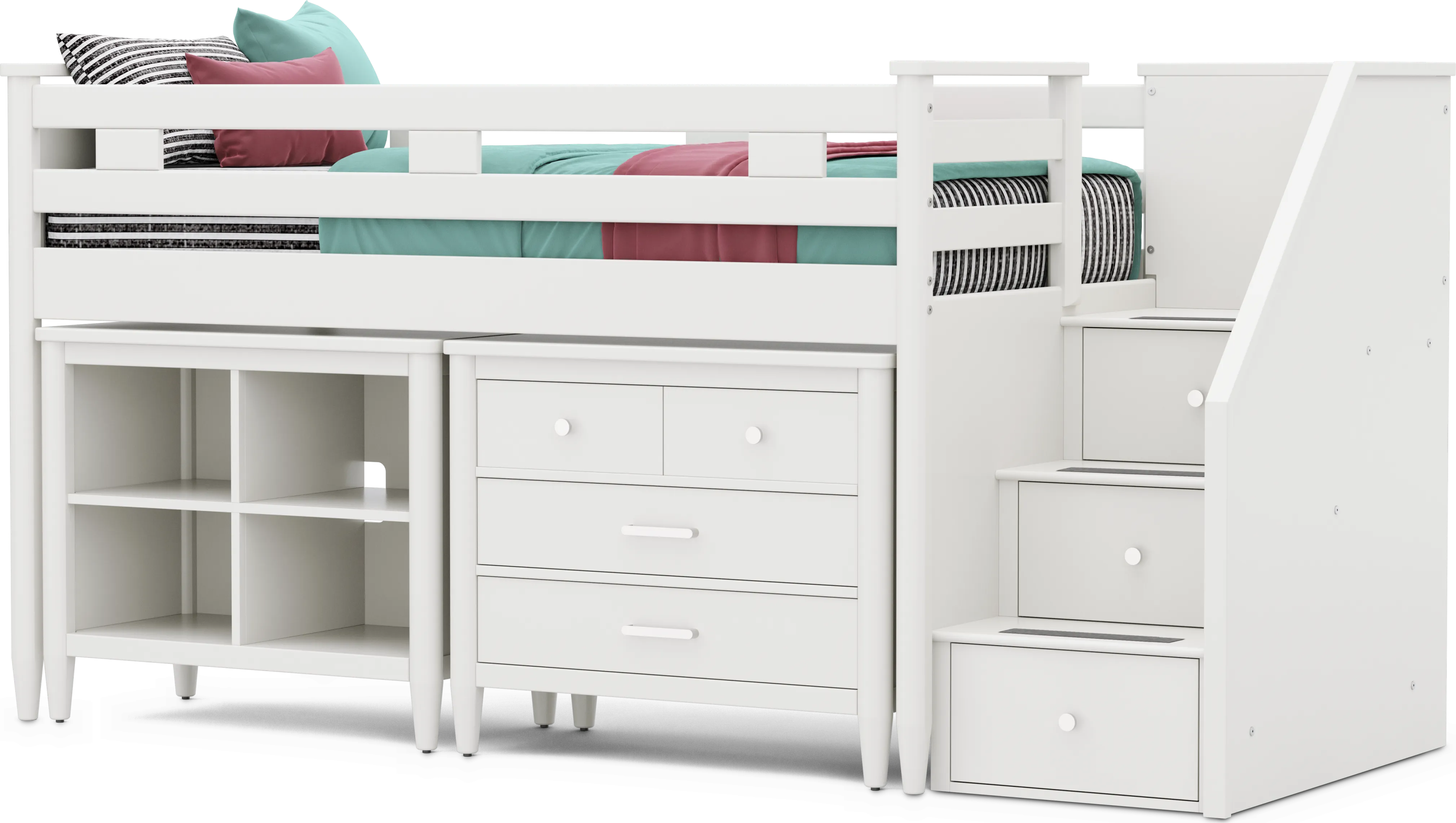Kids Modern Colors White Twin Step Loft with Loft Chest and Bookcase - Thumbnail - Image 1