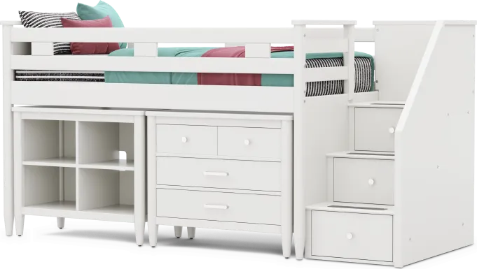 Kids Modern Colors White Twin Step Loft with Loft Chest and Bookcase