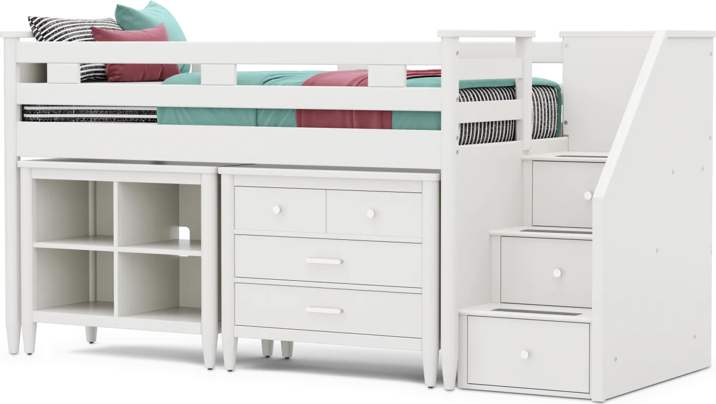 Kids Modern Colors White Twin Step Loft with Loft Chest and Bookcase