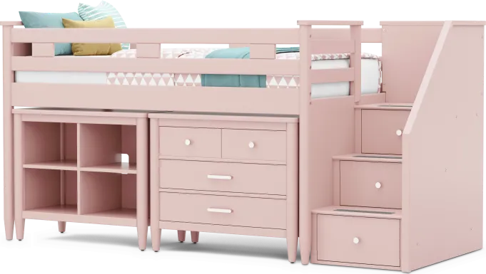 Kids Modern Colors Pink Twin Step Loft with Loft Chest and Bookcase