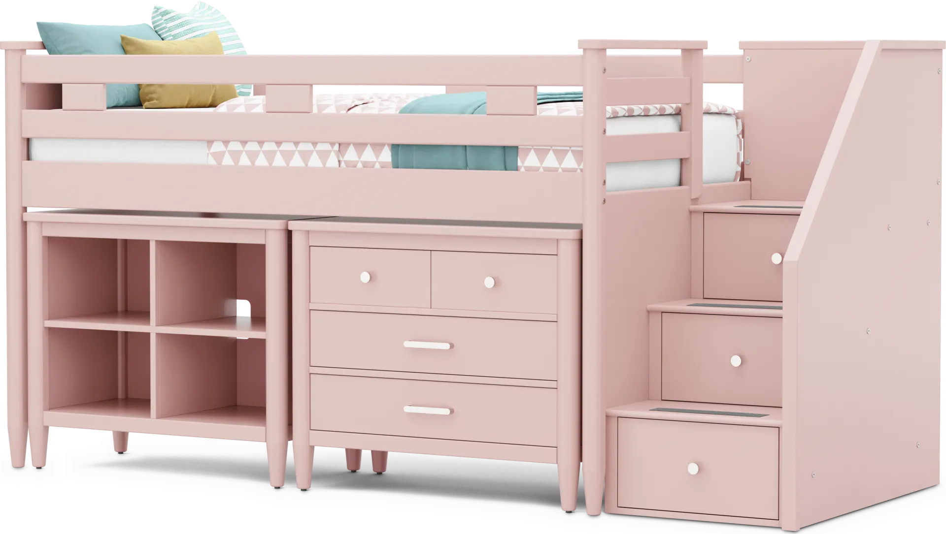 Kids Modern Colors Pink Twin Step Loft with Loft Chest and Bookcase - Image 1