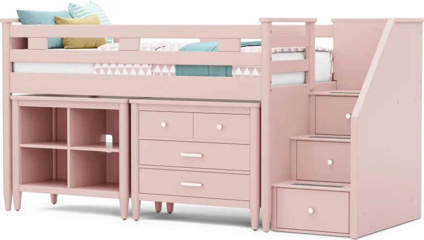 Kids Modern Colors Pink Twin Step Loft with Loft Chest and Bookcase