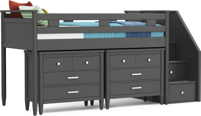 Kids Modern Colors Iron Ore Twin Step Loft with Loft Chests