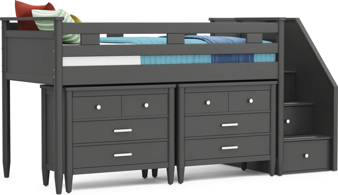 Kids Modern Colors Iron Ore Twin Step Loft with Loft Chests