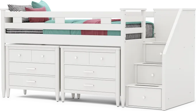 Kids Modern Colors White Twin Step Loft with Loft Chests