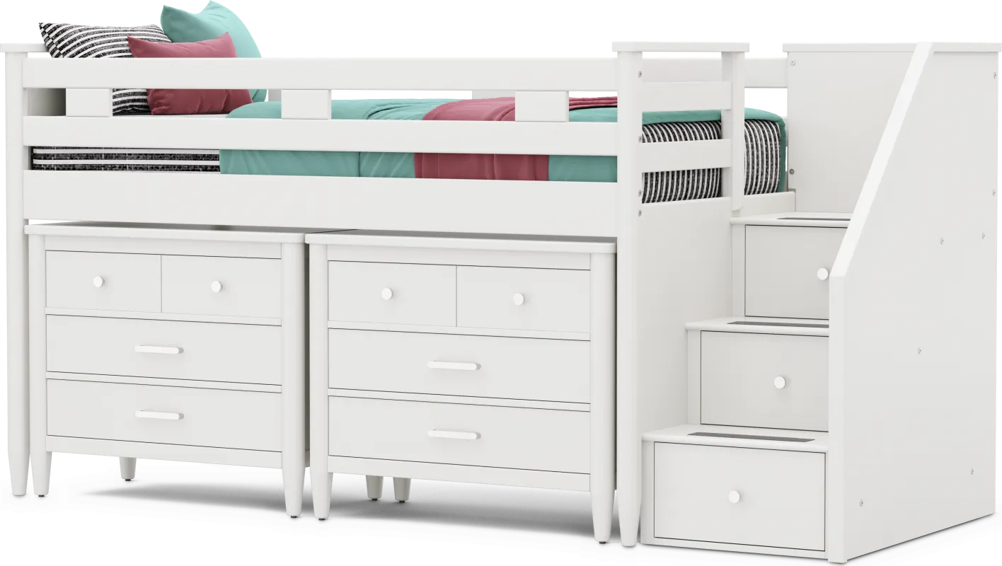 Kids Modern Colors White Twin Step Loft with Loft Chests