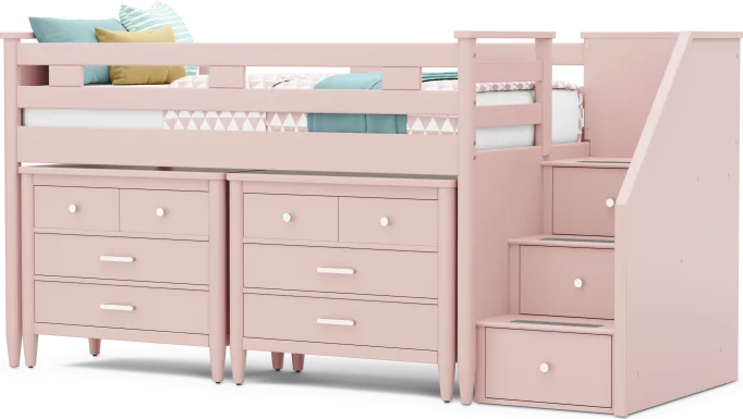 Kids Modern Colors Pink Twin Step Loft with Loft Chests