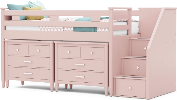 Kids Modern Colors Pink Twin Step Loft with Loft Chests