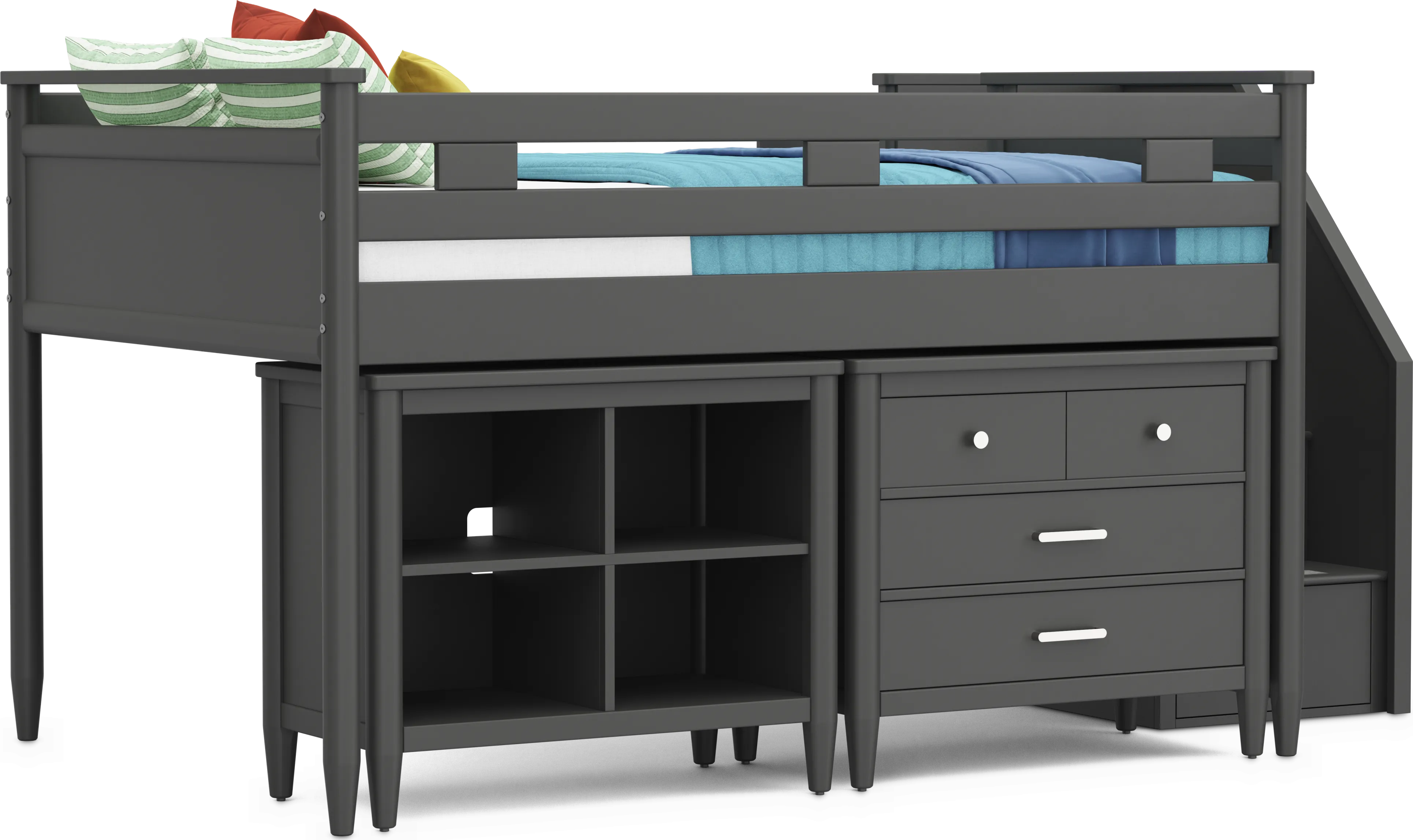 Kids Modern Colors Iron Ore Full Step Loft with Loft Chest and Bookcase - Thumbnail - Image 1