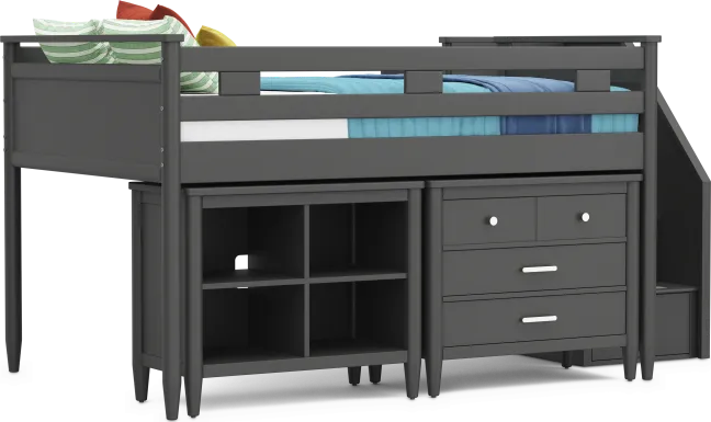 Kids Modern Colors Iron Ore Full Step Loft with Loft Chest and Bookcase