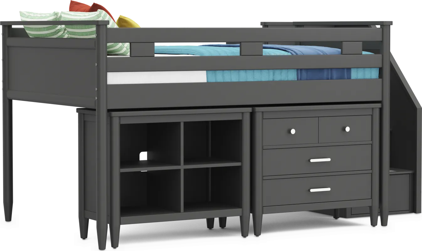 Kids Modern Colors Iron Ore Full Step Loft with Loft Chest and Bookcase