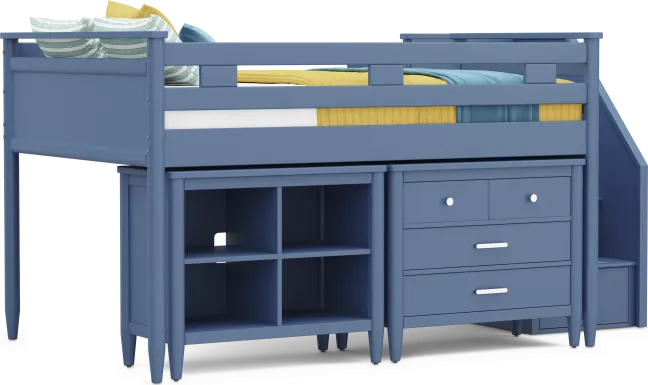 Kids Modern Colors Slate Blue Full Step Loft with Loft Chest and Bookcase