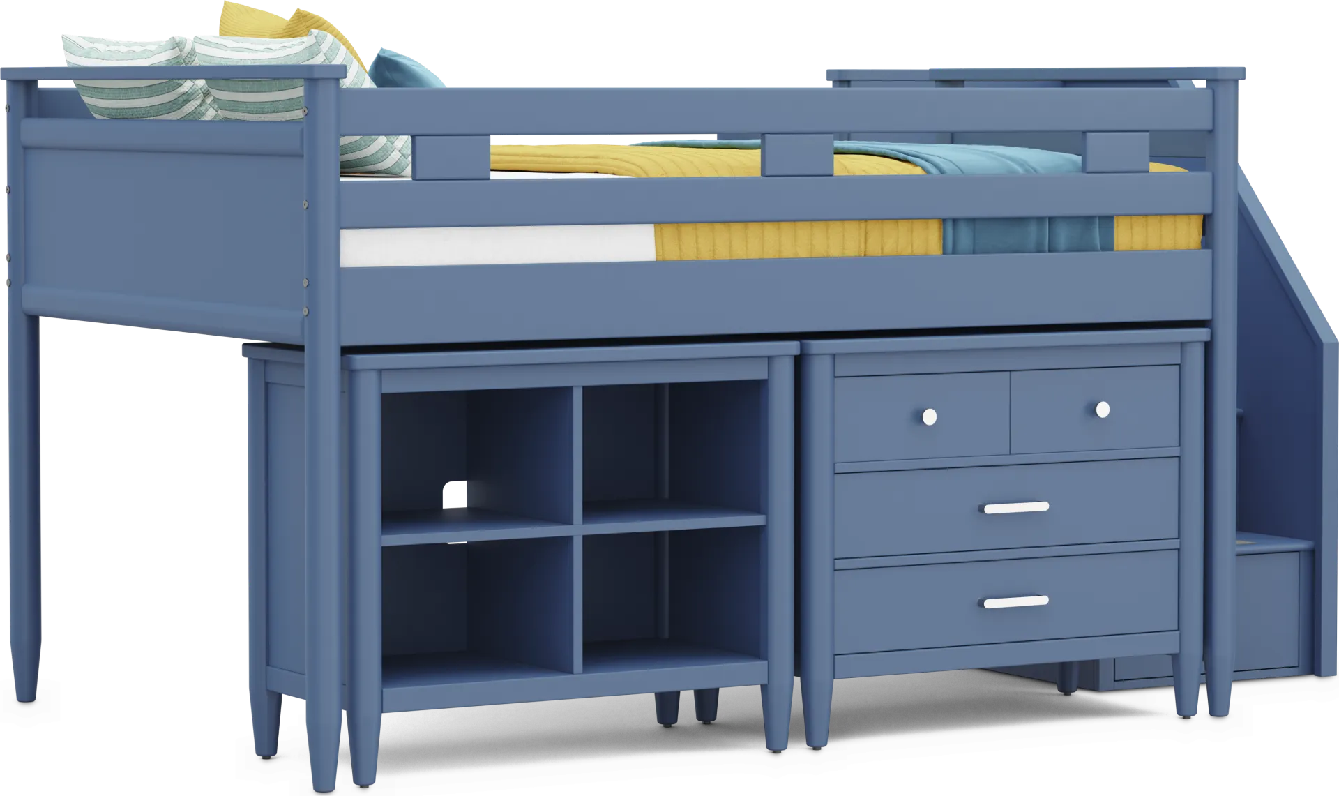 Kids Modern Colors Slate Blue Full Step Loft with Loft Chest and Bookcase - Image 1