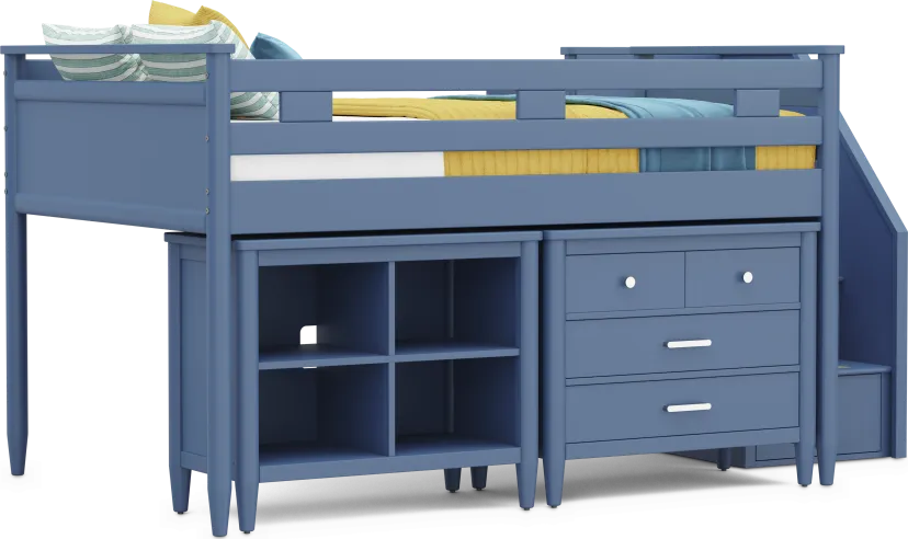 Kids Modern Colors Slate Blue Full Step Loft with Loft Chest and Bookcase