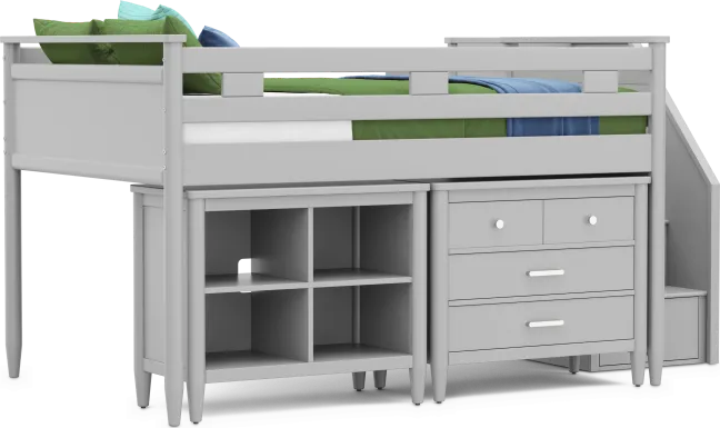 Kids Modern Colors Light Gray Full Step Loft with Loft Chest and Bookcase