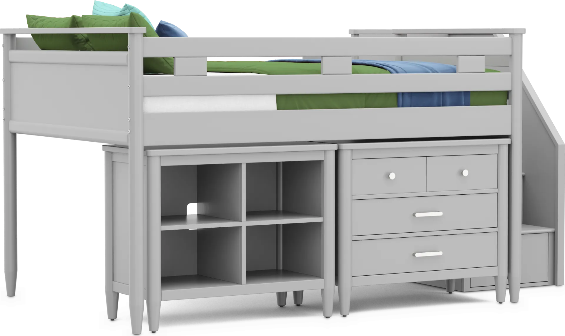 Kids Modern Colors Light Gray Full Step Loft with Loft Chest and Bookcase - Image 1