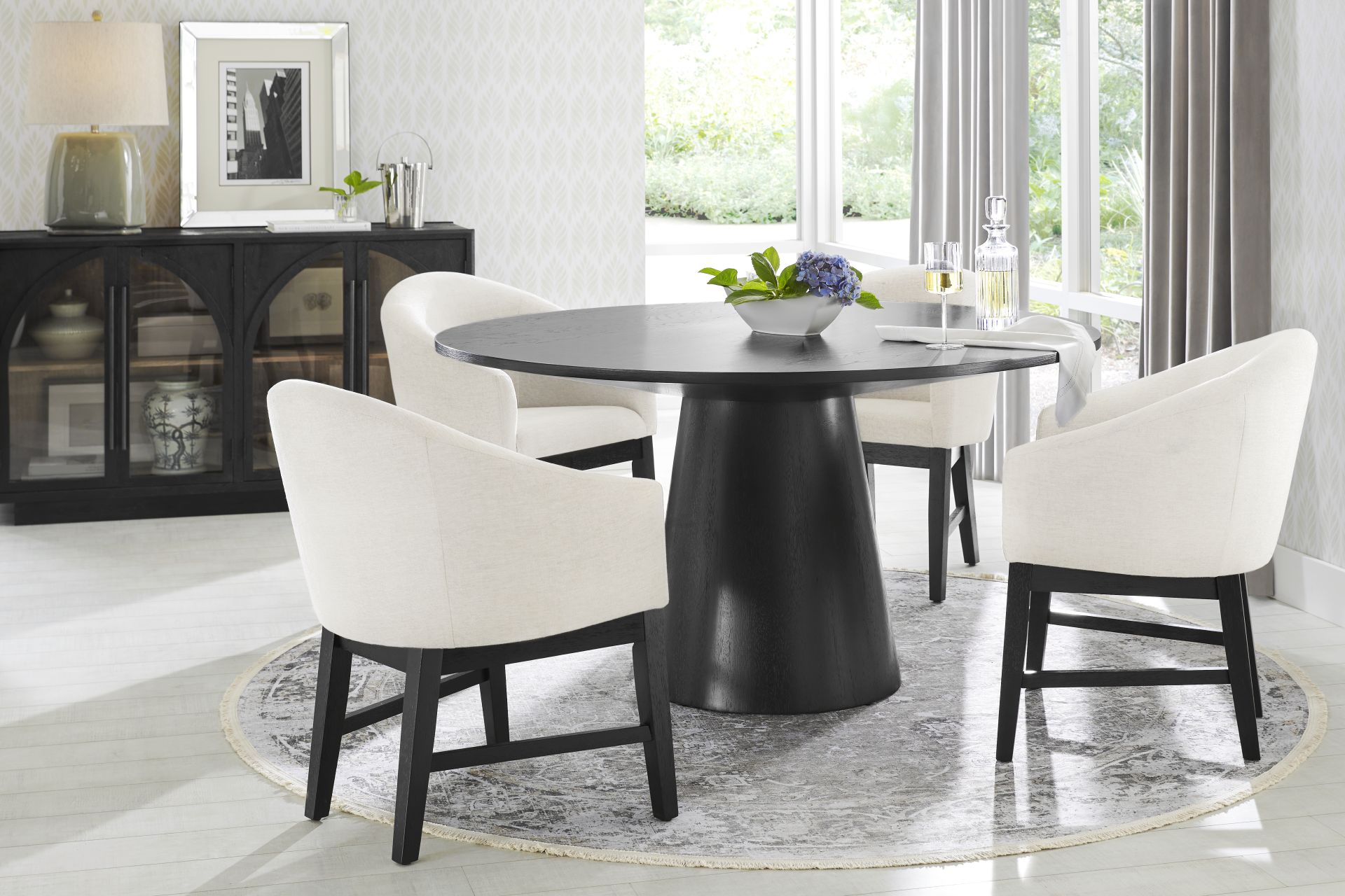 Kendall Black 5 Pc 59" Round Dining Room with White Arm Chairs - Image 1