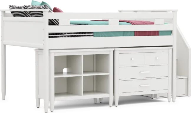 Kids Modern Colors White Full Step Loft with Loft Chest and Bookcase