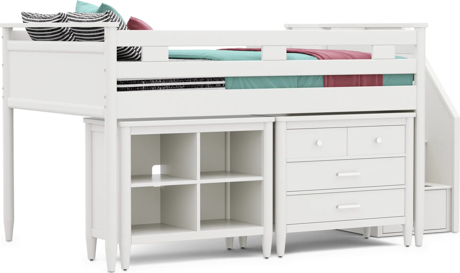 Kids Modern Colors White Full Step Loft with Loft Chest and Bookcase - Image 1